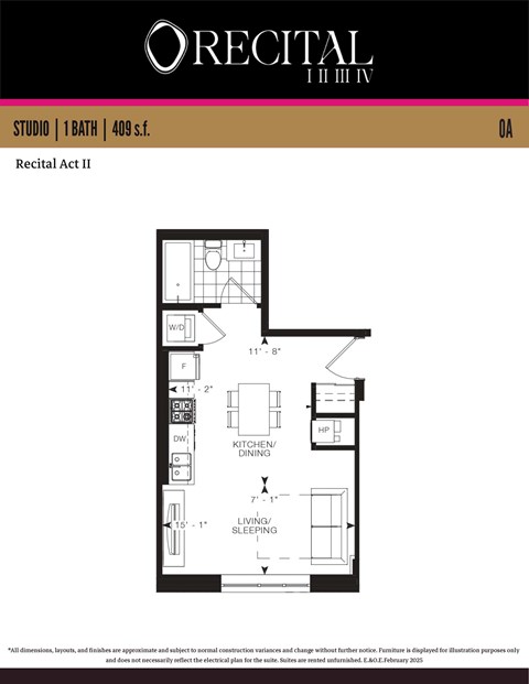 Floor plan for studio, 1 bath, 409 sqft